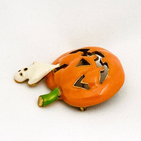 Vintage Halloween Pumpkin & Ghost Enameled Pin/Brooch - Picture 2 of 3